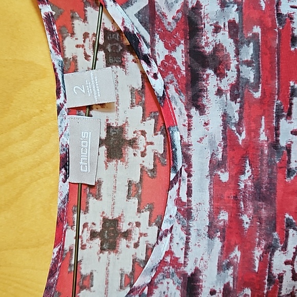 Chico's Women's  Red Aztec Print Roll Tab Sleeve Top Sheer Blouse Size 2 - Picture 2 of 4